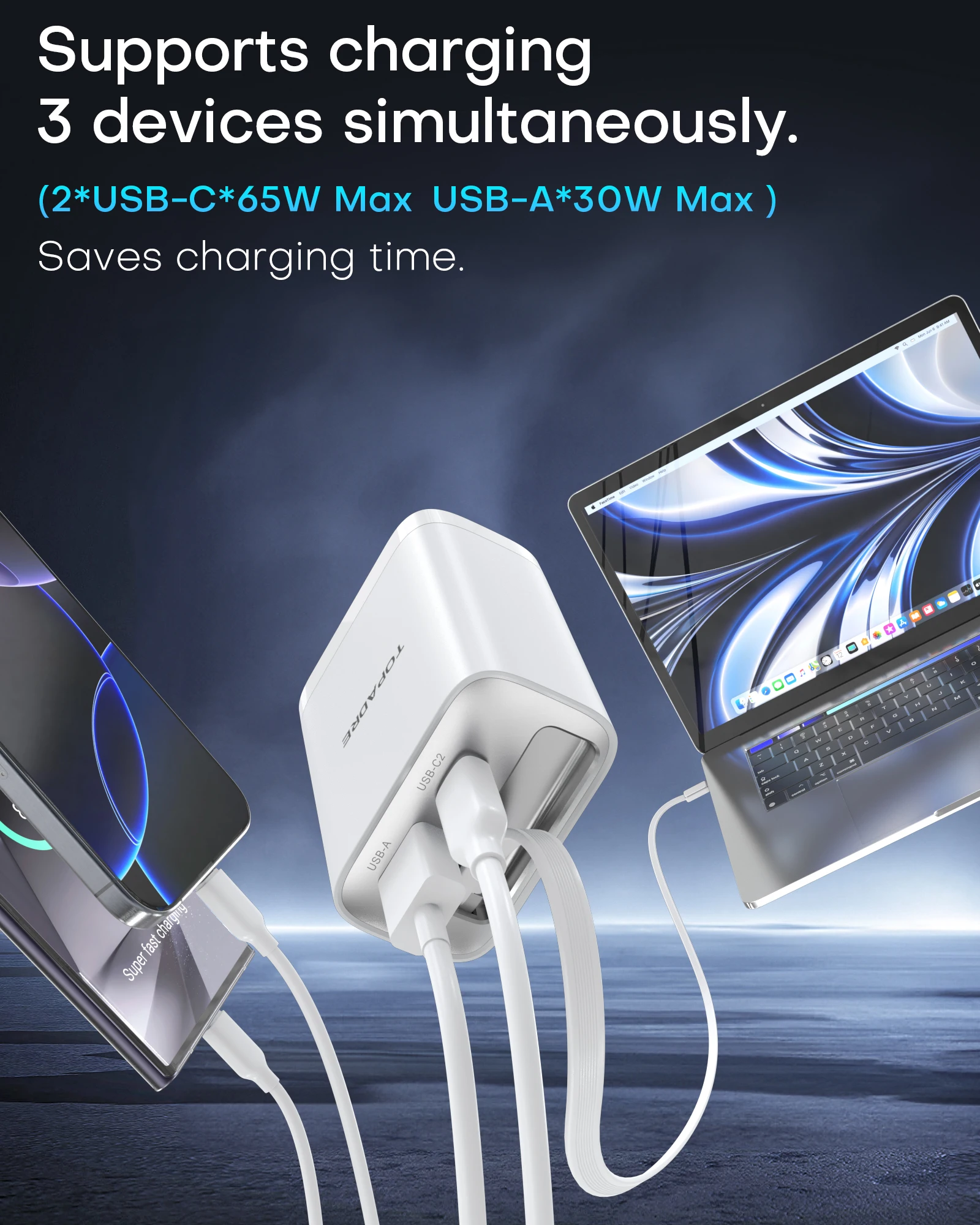 65W GaN PD3.1 Fast Charger With Retractable Cable , 3-Port Type-C + USB-A Travel Adapter For IPhone , Laptops, Galaxy Series 5