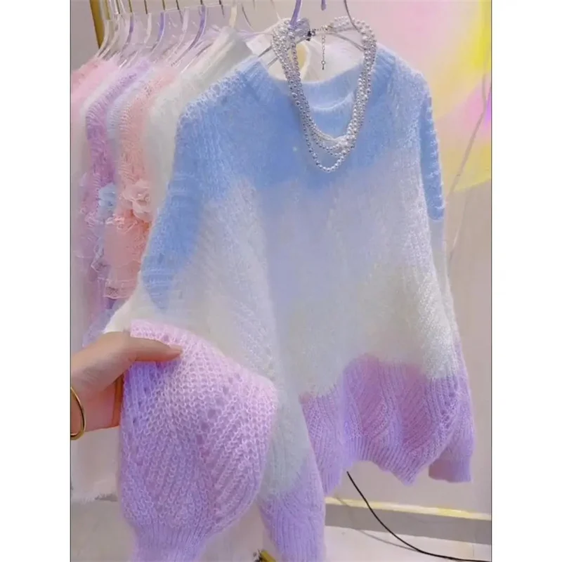 Lazy Style Colorful Hollow Knit Top For Women's Spring Autumn New Sweet Color Blocking Round Neck Long Sleeved Pullover Sweater