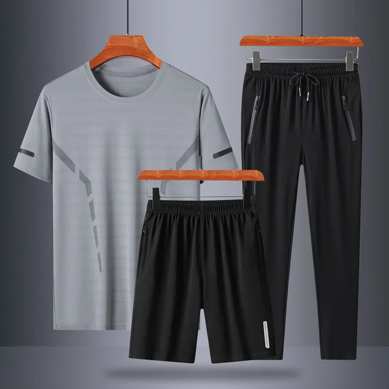 

2023 Tracksuit 3 pieces Sets Men Sport Set Running Gym New Summer Bamboo Cotton Men'S Short Sleeve T-Shirt Sports Pants Suit