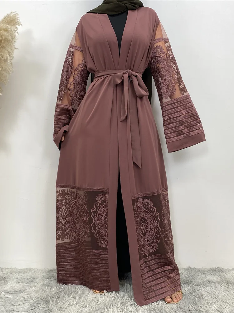 Eid 기모노 Mujer 아바야 여성 터키 이슬람 아랍어 무슬림 꽃 자수 가디건, 의류 로브 슈미즈 팜므