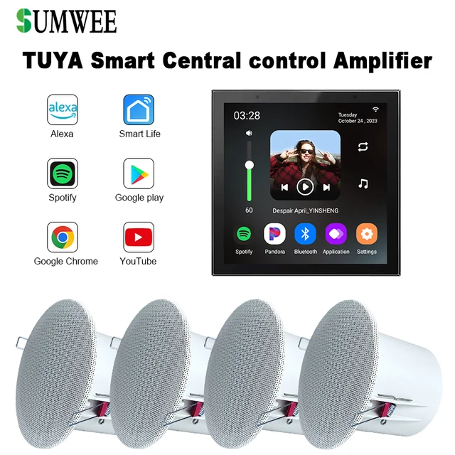 4 Inch Android 11 Smart Tuya Audio System Home Bluetooths in Wall Amplifiers Background Music Music Player with Ceiling Speakers