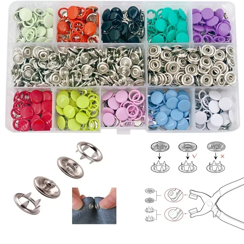 Drukknopen, metalen drukknopenset met tang 9,5 mm jersey drukknopen 10 kleuren, voor doe-het-zelf knutselen baby kinderen kinderkleding (200 sets