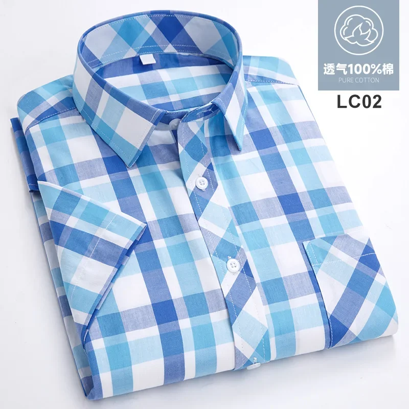 Fashion Korean Popular Clothes 100%cotton Short Sleeve Shirts for Men Slim Fit Casual Plain Shirt Thin Plaid Hawaiian Soft Tops 4
