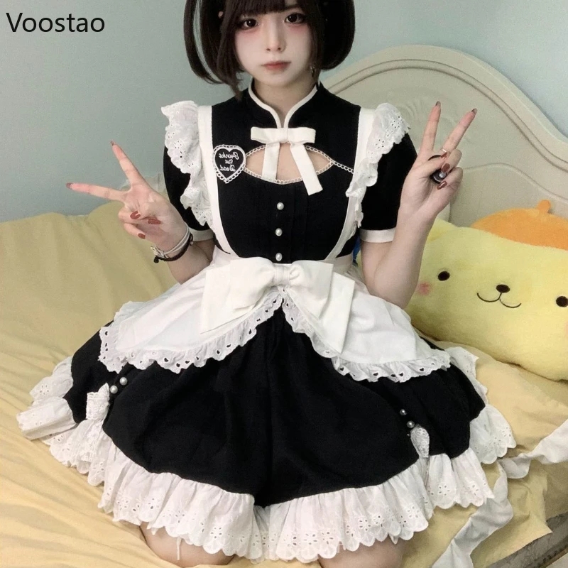Lolita Dress Japanese Sweet Lolita Dress Women Gothic Kawaii Puff Sleeve Ruffles Cosplay Party Dresses Girls Cute Apron Maid Carnival Dress