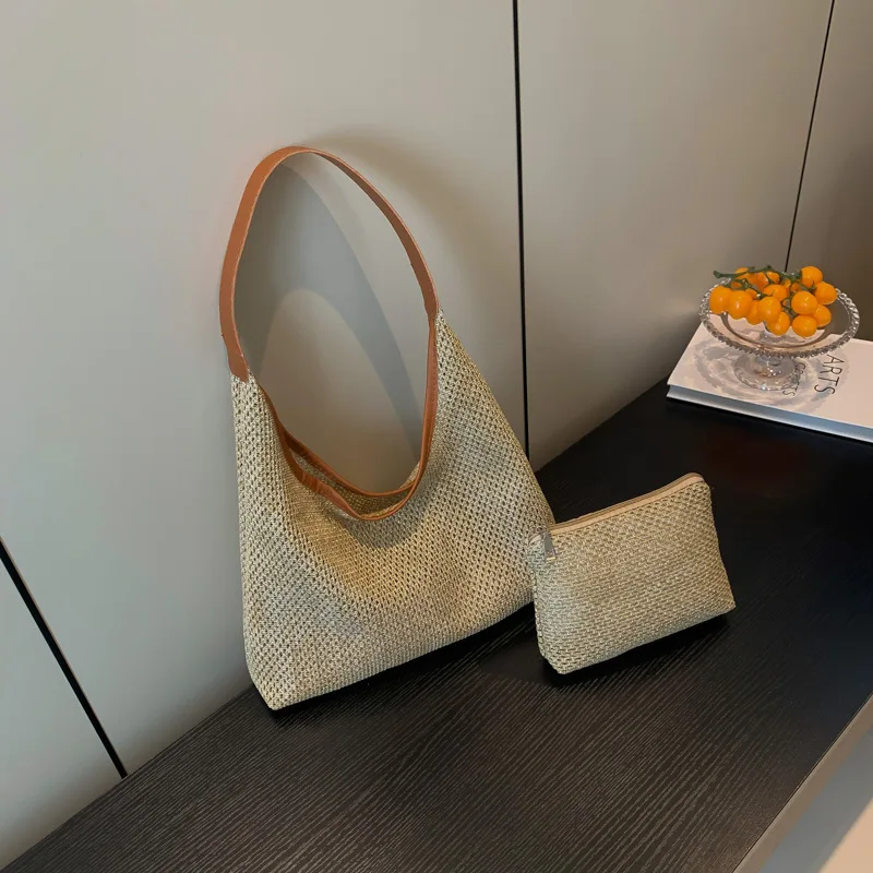 Cross Border Women's Bag 2024 New Grass Woven Mother and Child Shoulder Bag Spring Tour Style Single Shoulder Bag