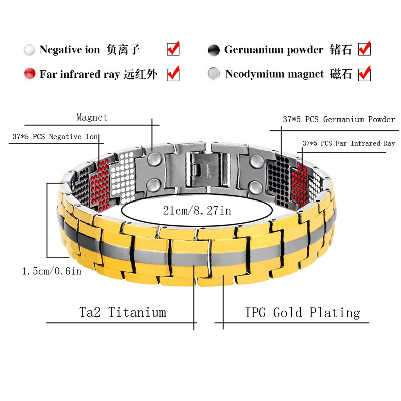 OKtrendy Men's 100% Pure Titanium Magnetic Bracelet For Women 4in1 Magnets Negative Ions Germanium Health Bracelets Wristband