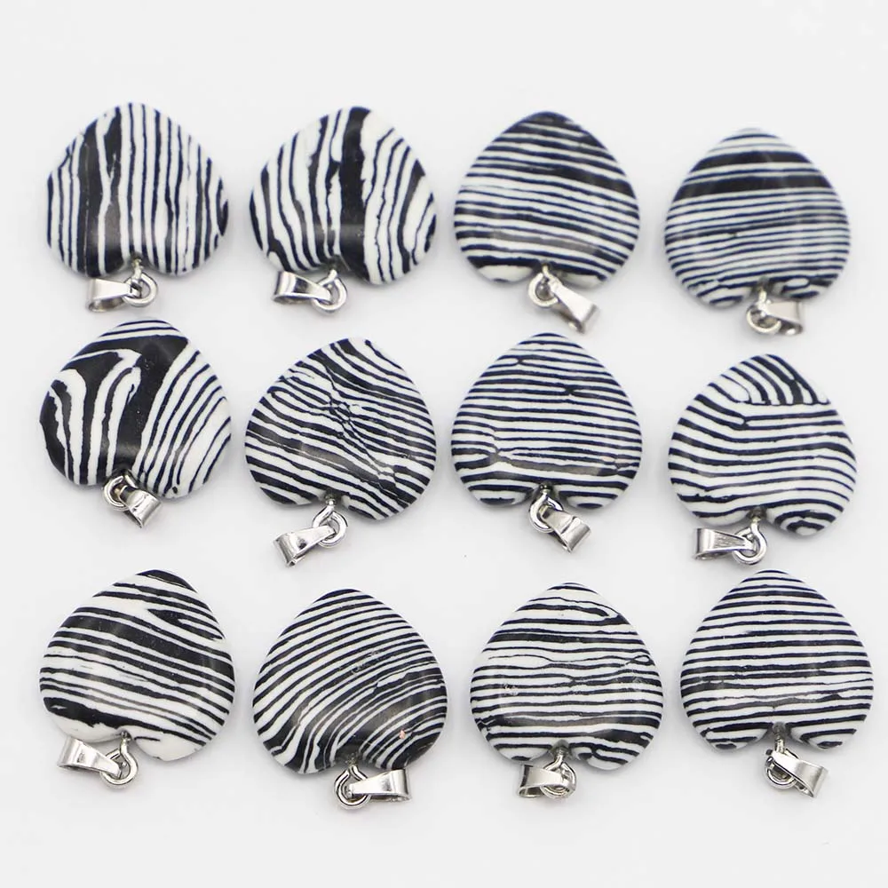 Natural Zebra Stone Agates Heart Necklace Pendants Lucky Minerals Healing Charms DIY Fashion Jewelry Accessories Wholesale 30Pcs
