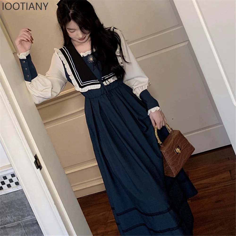 Francese Retro Corte Stile Navy Temperamento Elegante Carino Lolita Abito a maniche lunghe Ragazza Tea Party Abito da principessa vittoriano con volant - immagine 3