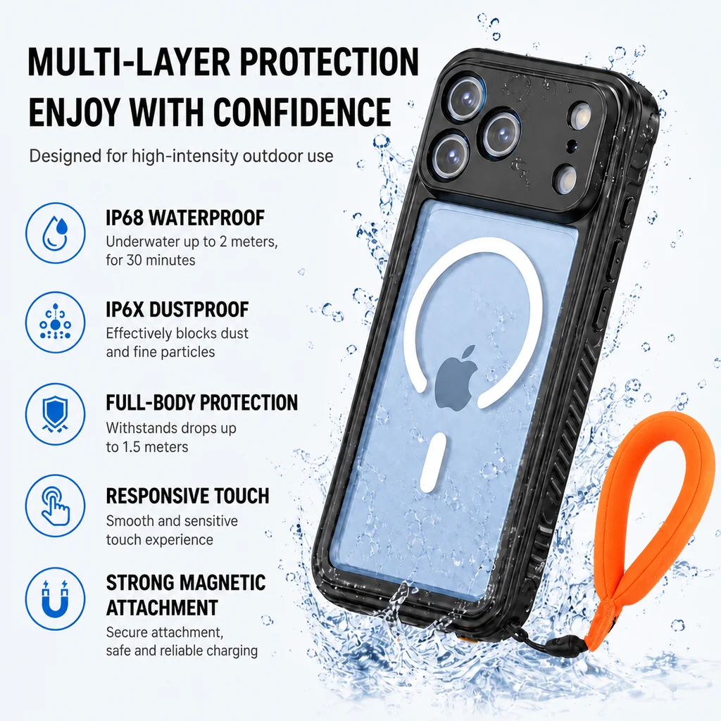 Ultimate IP68 Waterproof Phone Case with Floating Ring and Touchable Design