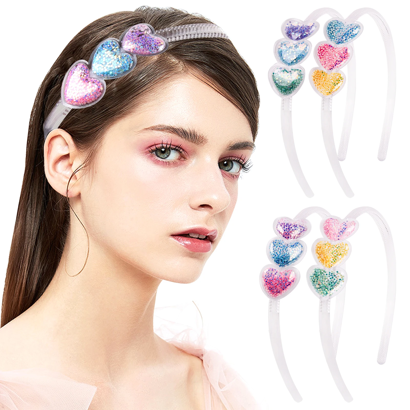 

5pcs Colorful Heart-Shaped Quicksand Headband Girls Cute Candy Colored Hairband Korean Cartoon Transparent 3 Hearts Headdress
