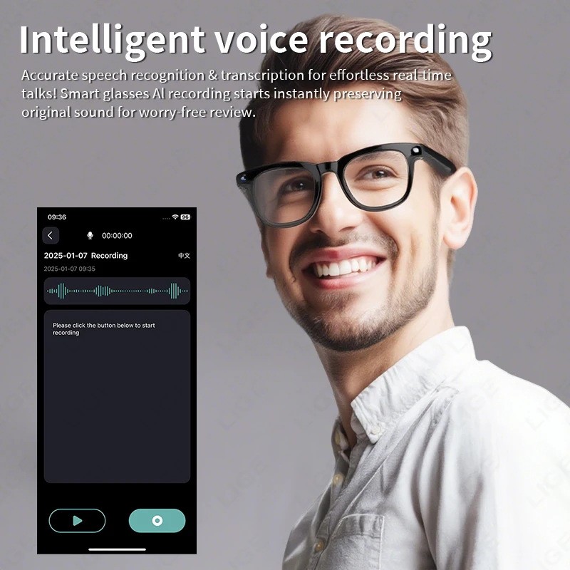 LIGE New AI Glasses 800W Camera Glasses Smart Sunglasses Video Recording BT Call Music Playing Voice Assistant Bluetooth Glasses