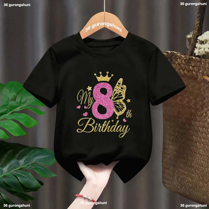 Black Tshirt My 1-9th Happy Birthday Princess Golden Butterfly Theme T-Shirt Baby Girls Gift Kids Clothes Short Sleeve Tees Tops 5