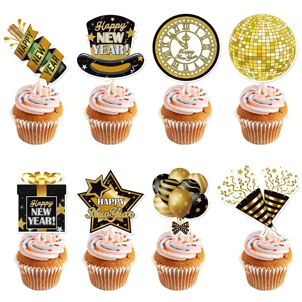 Cheer 2024 New Year Cake Toppers Black Gold Beer Hat Clock Cupcake Cake Decor Happy 2024 New Year Party Cake Decoration 10pcs stamping gold pink butterfly cake toppers princess girl wedding happy birthday party decor dessert cake decor butterfly