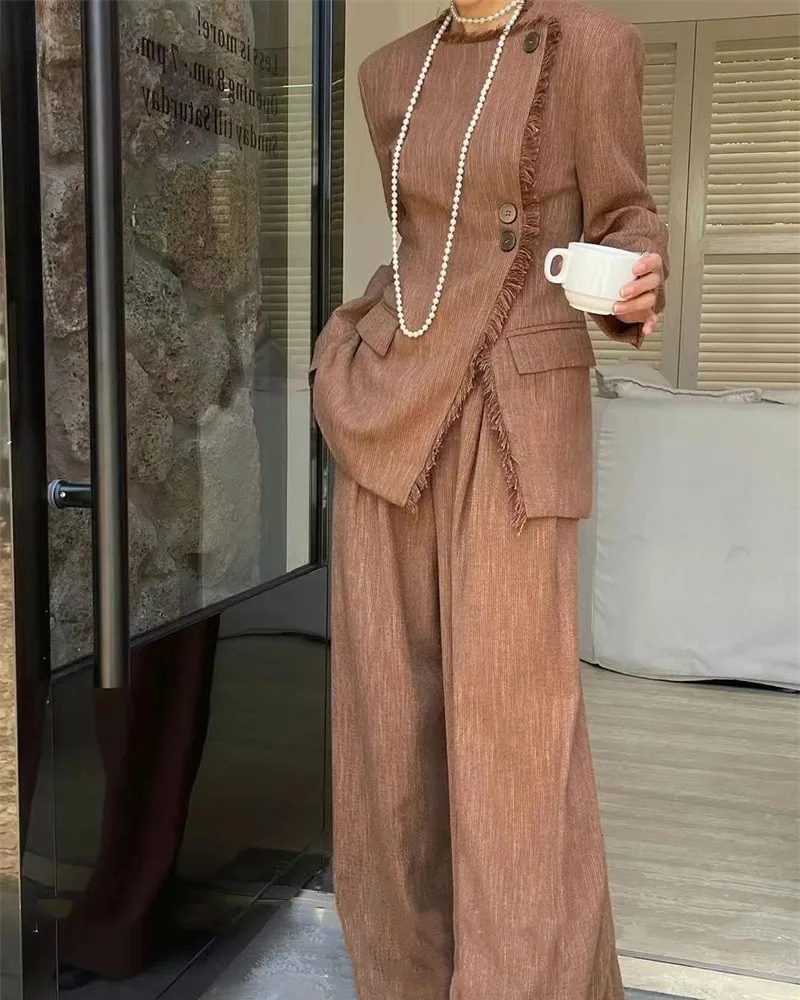 casual suit sets  2024 new women's spring and autumn two-piece fringed design jacket casual+pants set 3