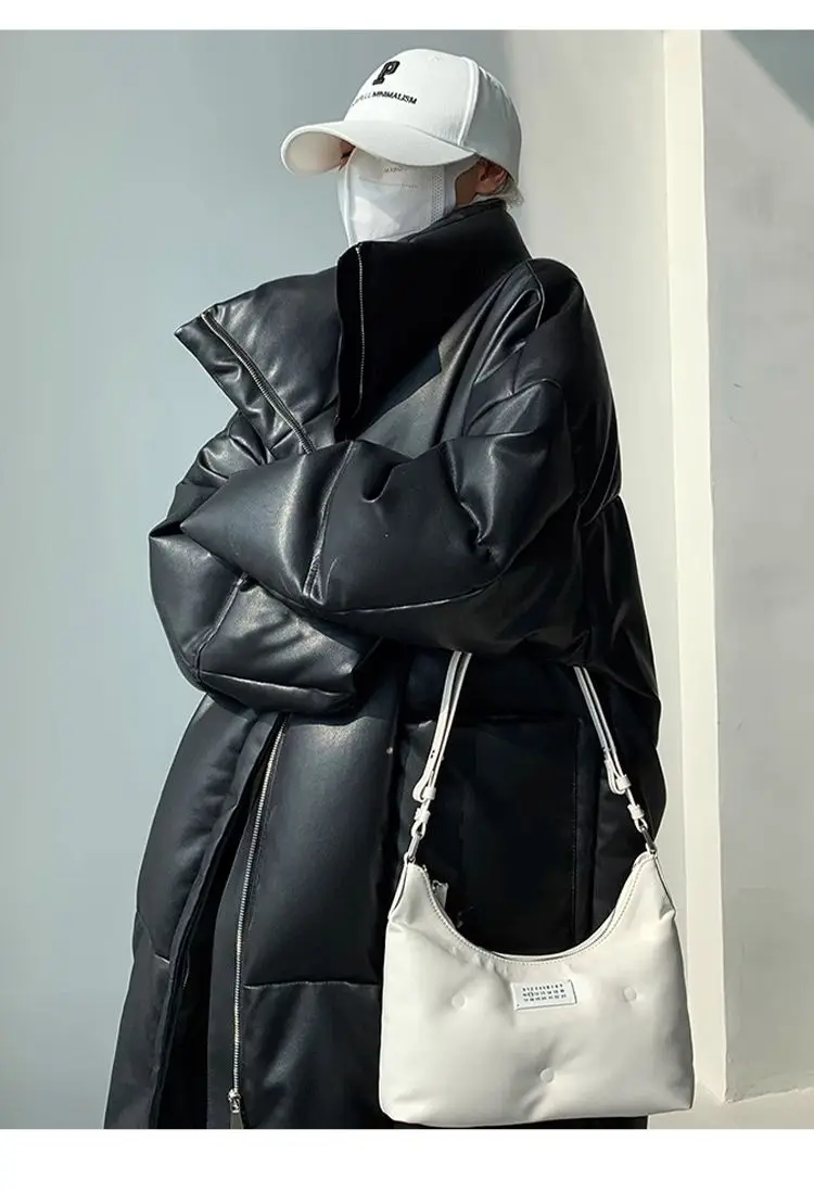 Winter Long Pu Leather Down Jacket Female Black Thick Warm Cotton Parka Outwears Women White Duck Down Knee Length Down Jackets