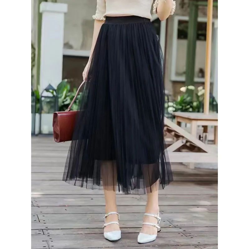 

Elegant Women Tulle Skirt Korean Fashion Mesh White A Line Ladies Pleated Skirt Summer Chic High Waist Black Party Faldas