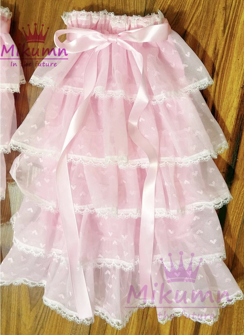 Mikumn Harajuku Women Sweet Pink Bow Fluffy Lace Leg Warmer Socks Y2k Japanese Lolita Kawaii Multilayer Mesh Ruffles Leg Covers