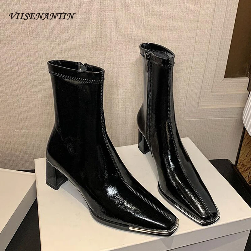 

Metal Decor Square Head High Heels Women Short Boots Autumn Winter New Slim Leg Stretch Boots Side Zipper White Black Boat Mujer