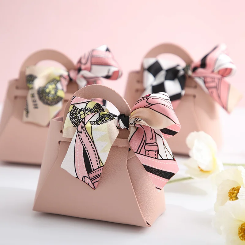 1PCS Leather Gift Bags Bow Ribbon Packaging Bag Wedding Favour Distributions Bags Eid Mubarak Candy Packaging Box Mini Handbag