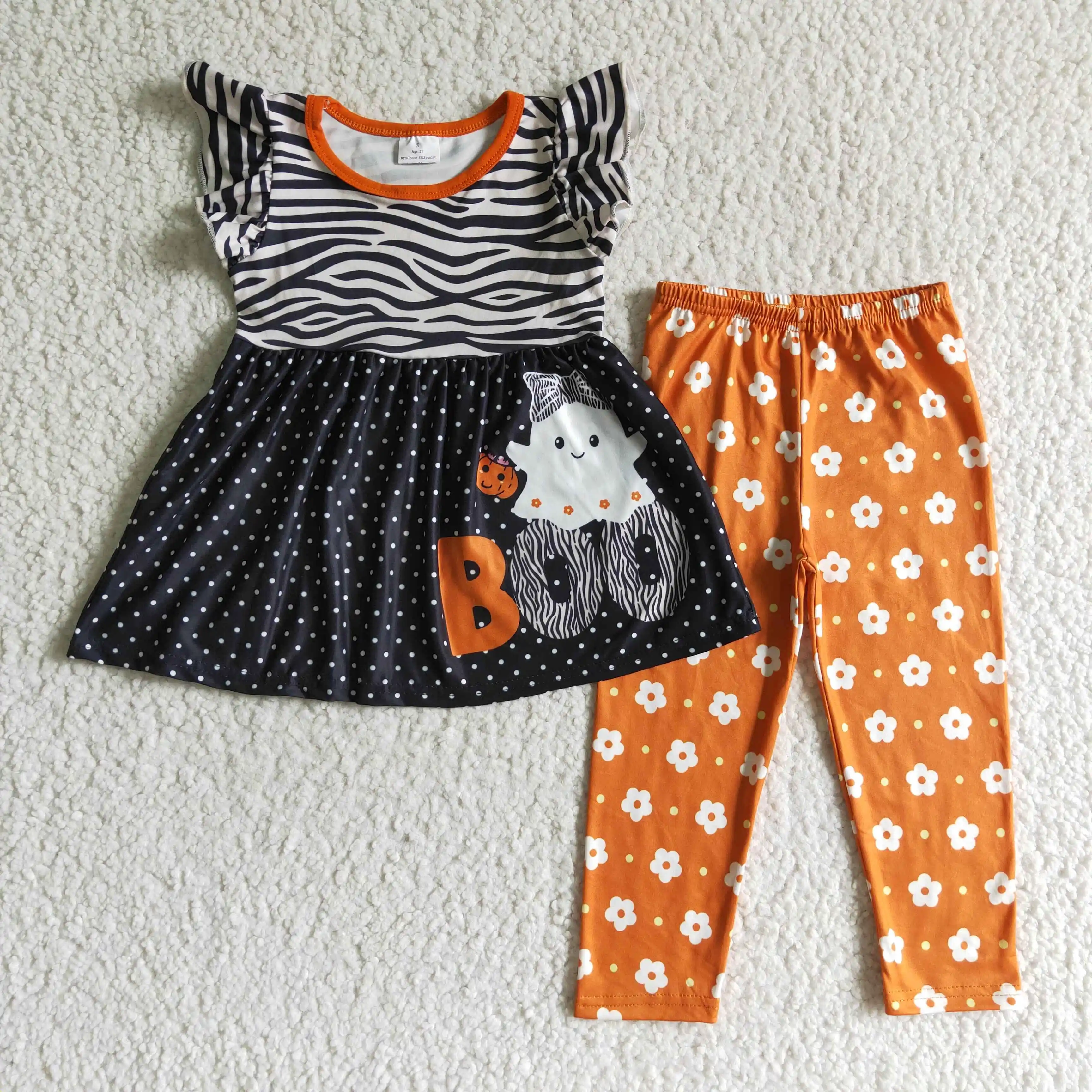 

2022 Hot selling girls clothing baby orange pants dotted flutter top ghost fall children's clothes set kids halloween outfits