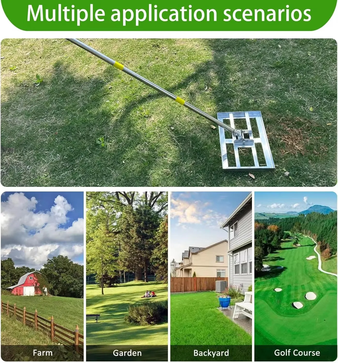 Garden Lawn Leveling Rake with Adjustable Handle Stainless Steel Pole Heavy Duty Durable Golf Backyard Yard Lawn Leveler Tool