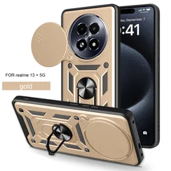 Sleek Slide Lens Armor Phone Case with Magnetic Ring Holder for Realme13Plus 5G (SJ-Gold)