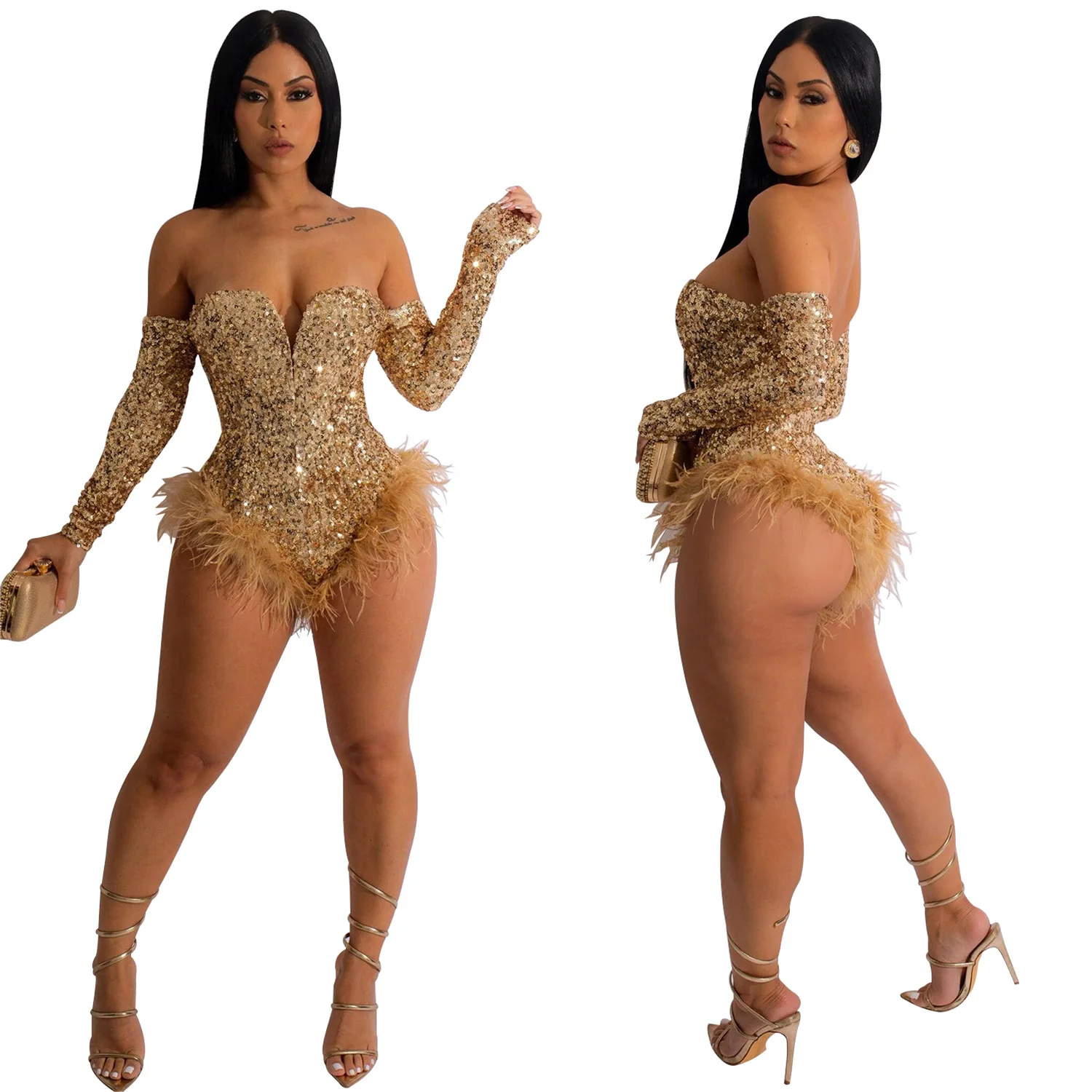 EINYOO Women's Off-Shoulder Long Sleeve Playsuits Sequin Prom Sexy Dancing Jumpsuit Bodysuits Feather Club Dress Traf Y2K Zevity
