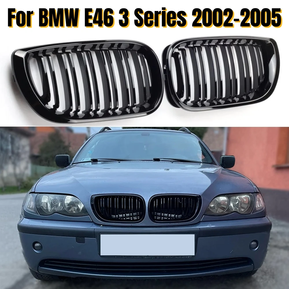

For BMW E46 4 Door 4D 3 Series 2002 2003 2004 2005 318i 320i 325i 330i Grille Glossy Black Front Kidney Double Slat Grill Tuning