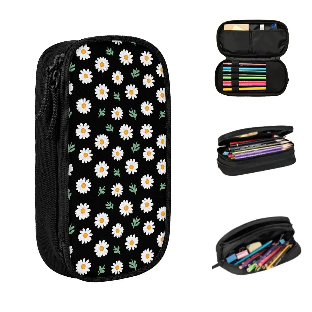 Daisy Pattern On Black Pencil Cases Large Capacity Pen Bags Pen Box Pencil Pouch For Boys Girls Students Stationery School