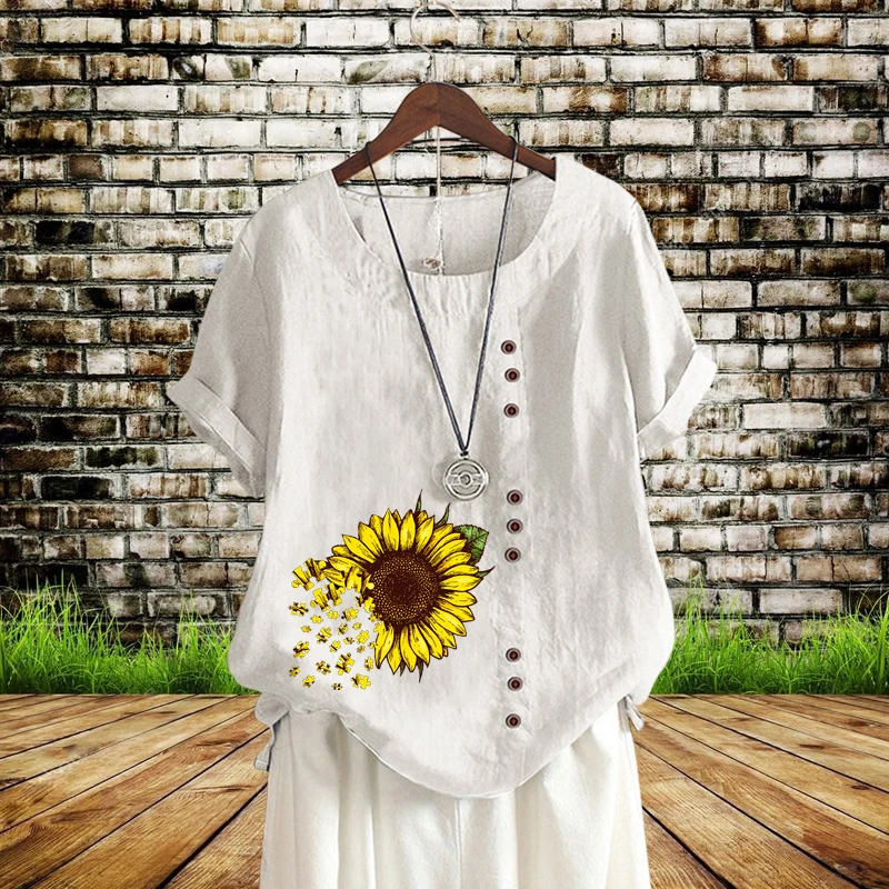 

Женская летняя рубашка с круглым вырезом, разноцветная рубашка с коротким рукавом и цветочным принтом подсолнуха, модная Свободная Повседневная рубашка из хлопка и льна