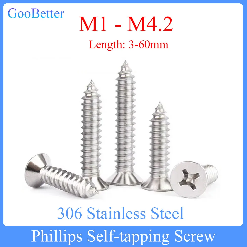 

50-200Pcs Phillips Self-tapping Screw M1 M1.2 M1.4 M1.7 M2 M2.2 M2.6 3 M3.5 M4.2 306 Stainless Steel Flat Countersunk Head Bolts
