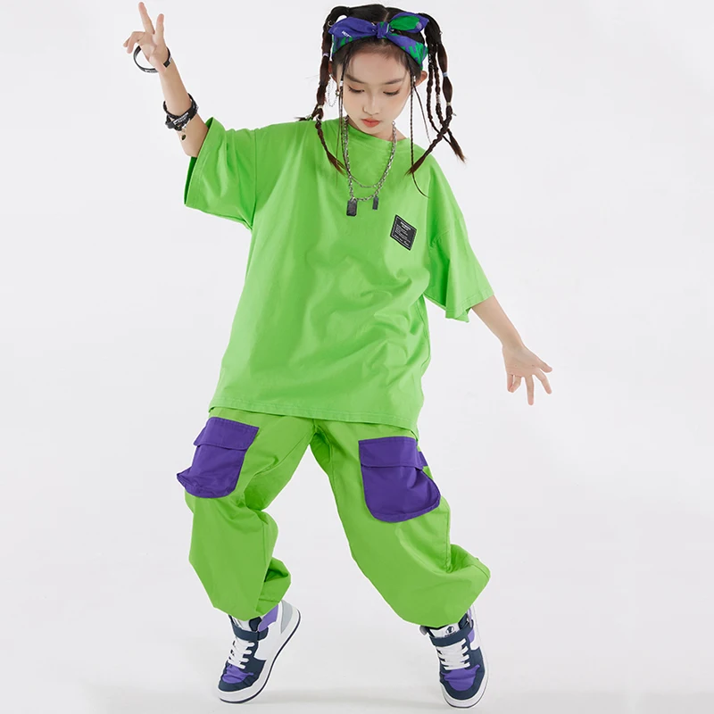Hip Hop Dance Costume Purple Shirt Coat Green Cargo Pants Girl Boys Jazz Performance Outfit Fashion Kids Clothing BL10632
