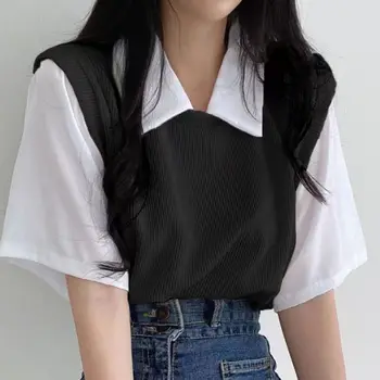 여성용 컬러 블로킹 폴로 칼라, 페이크 투피스 반팔 티셔츠, 레이지 루즈 캐주얼, 다목적 상의, 아카데미 스타일, 여름