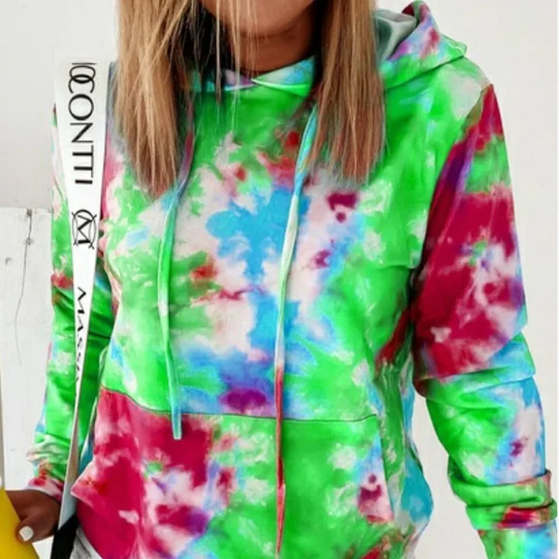 Women Autumn Casual Tie Dye Hoodies Vintage Sweatshirt 2021 Hooded Tops New Pullovers Female Streetwear Casual Clothing Harajuku