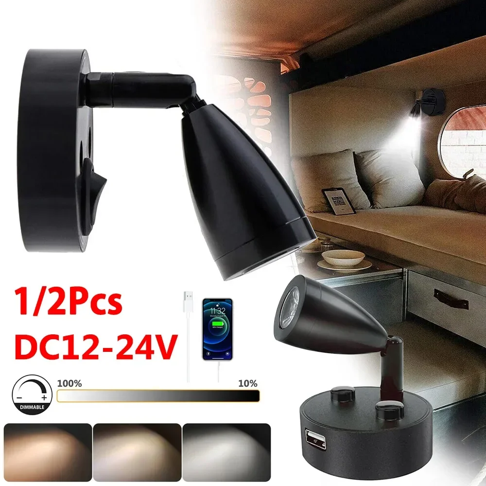 

12-24V RV Interior Reading LED Spotlight 3 Color Dimmable 360° Rotatable Wall Lamp for Camper Van Caravan Boat with USB Port