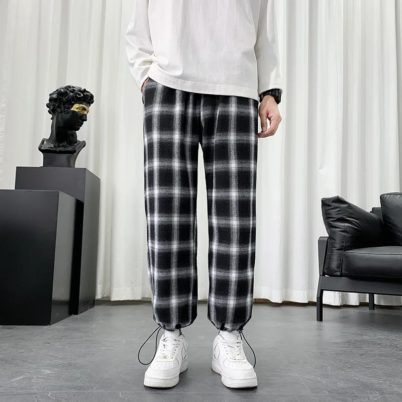 Spring Autumn Men's Black White Checkered Pants Thin Pure Cotton Drape Sports Casual Trousers Loose Straight Tube Wide Leg Pants