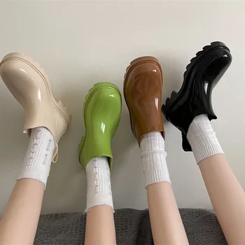 여성용 미끄럼 방지 방수 다색 짧은 장화, 편안한 스타일 브랜드 플랫폼 부츠, 야외 작업 녹색 장화