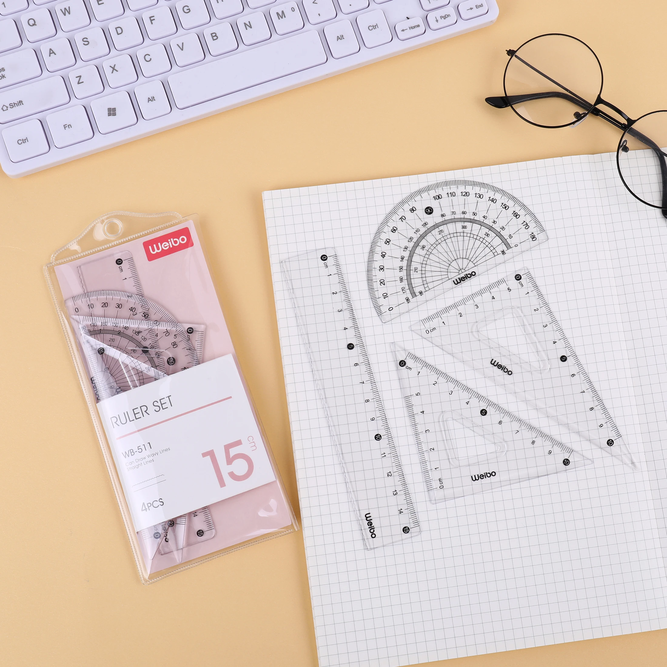 WB-511 Ruler Set 4pcs/set Drawing Measurement Geometry Triangle straightedge Protractor a variety of rulers School
