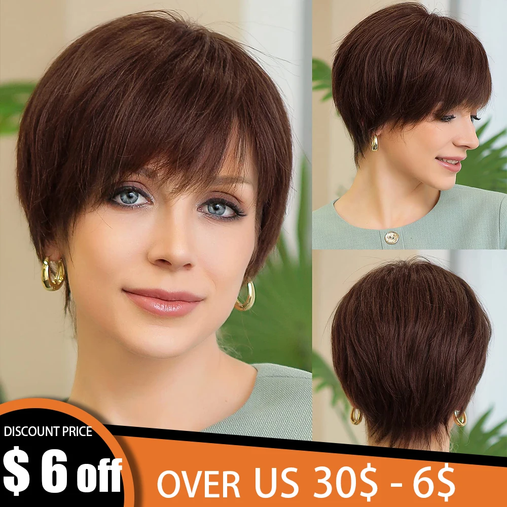 

Brown 100% Remy Human Hair Lace Front Wigs with Bangs Pixie Cut Hairs Short Straight Layered Bob Wigs for White Women Human Wig