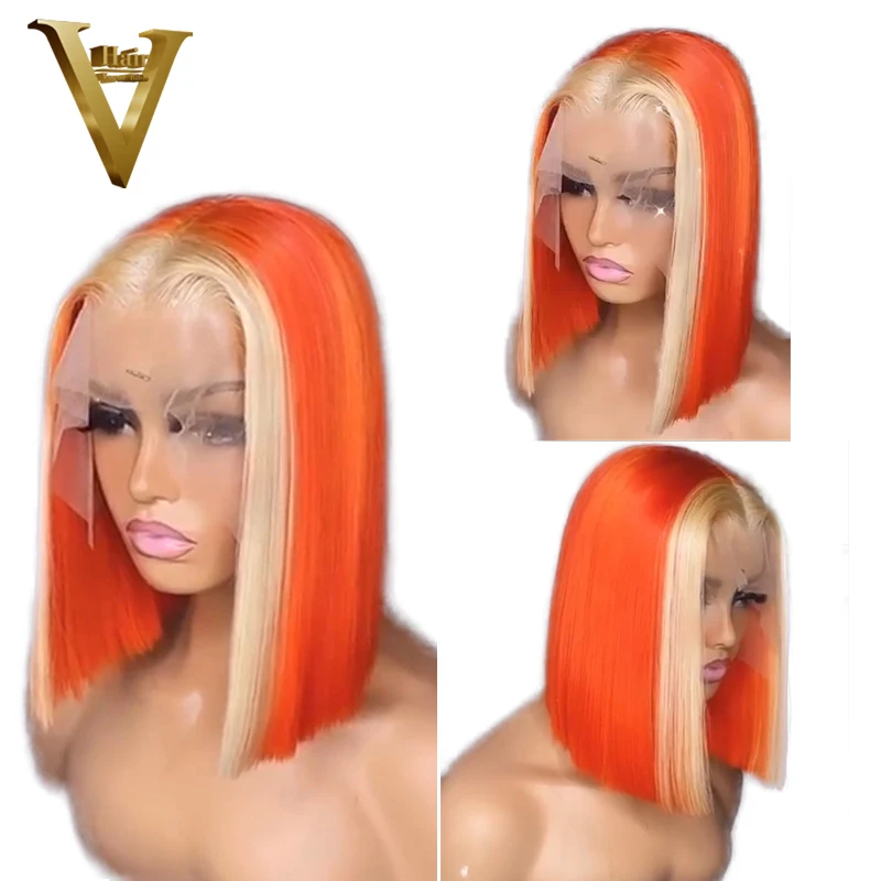 

Short Bob Pixie Straight Cut 4X4 Lace Closure Human Hair Front Wigs Highlight 613 Honey Blonde Ombre Ginger Color Prepluck Remy