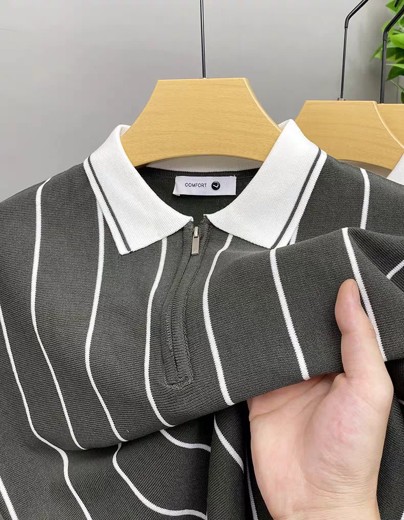 High quality summer knitted short sleeve polo shirt fashion half zipper lapel T-shirt vertical stripes comfort casual men's wear 22 Sf3036fff5be647f08a2a93845911db9bX