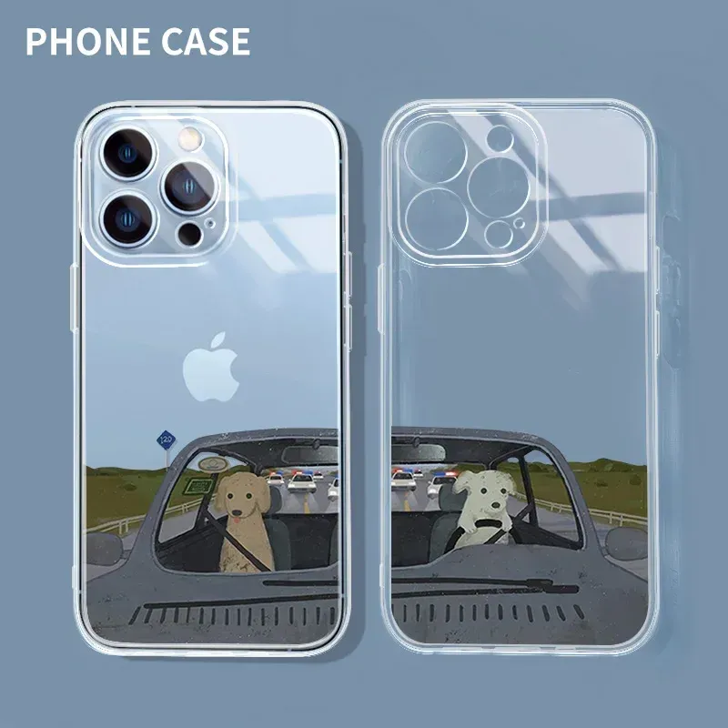 Funny Driving Cat Dog Couples Clear Phone Case for IPhone 16 15 14 13 12 11 Pro Max Mini XS X 7 8 Plus Cartoon Animal Soft Cover
