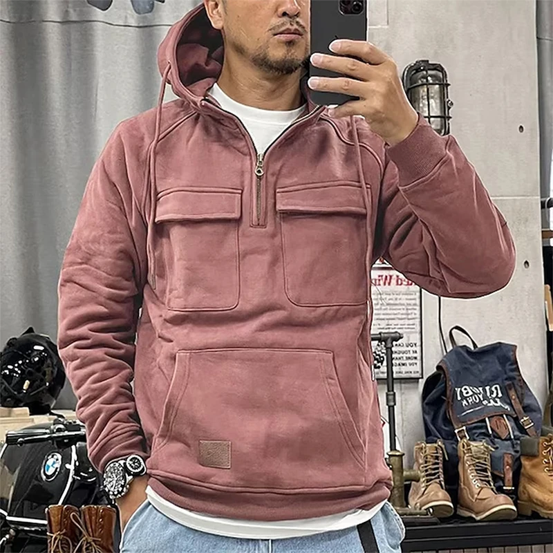 2024 New Autumn Winter Men's Hooded Sweatshirt Solid Color Thickened Warm Casual Loose Pullover Outdoor Pocket Hooded Sweatshirt
