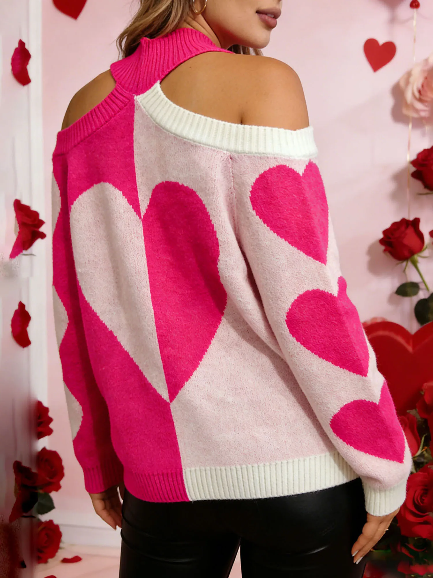 Heart Print Cold Shoulder Knit Sweater for Women - Long Sleeve Loose Pullover Jumper Top for Fall Winter Casual Wear