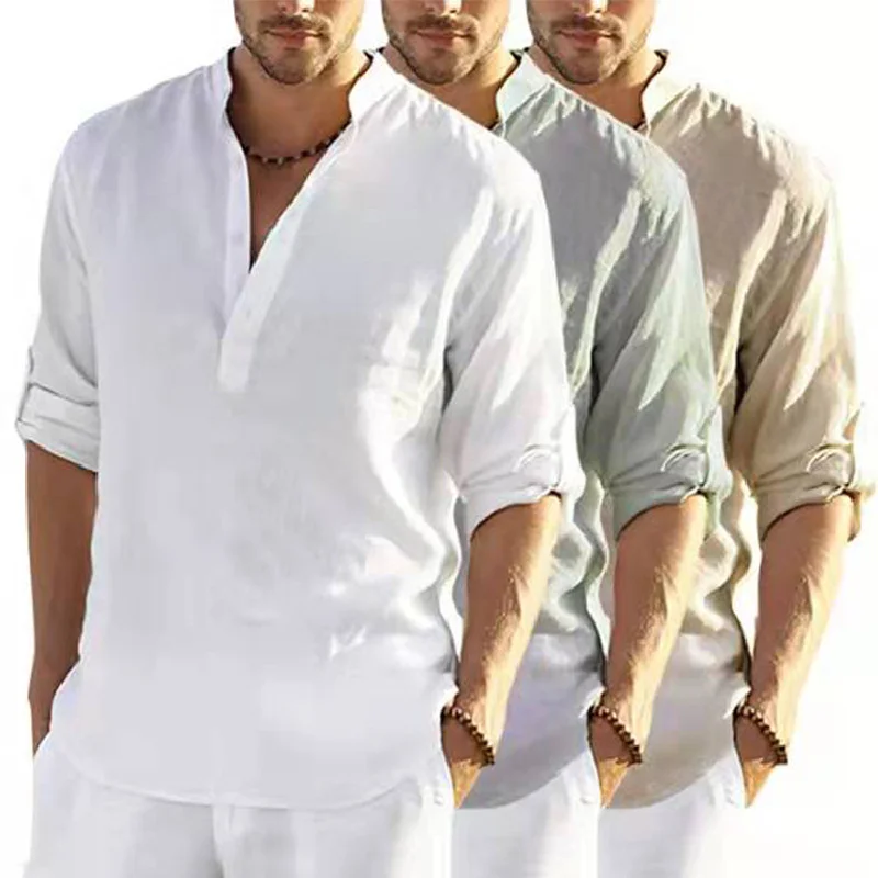 

Men's long linen sleeves T-shirt loose undershirt solid color long sleeve cotton linen shirt men's plus size generation hair