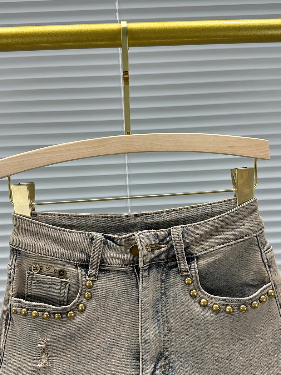 Hot Girl European Beaded Raw Edge Denim Shorts Women Summer New Fashion Streetwear High Waist Slimming Ladies Wide-Legged Pants