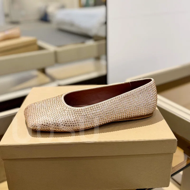 Spring and Autumn Women's Shoes Designer Luxury Full Crystal Shallow Banquet Ladies Shoes Square Toe Ballet Shoes Dresses