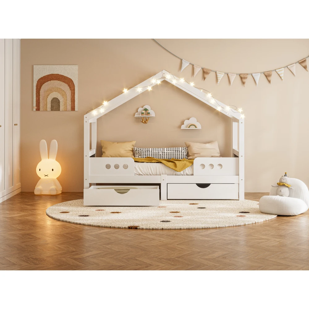 Kinderbett mit Dachdesign, 2 große Schubladen und stabiler Holz-MDF-Rahmen, tragend bis zu 120 kg, geeignet für Matratzen mit 90 x 200 cm – Detail 16