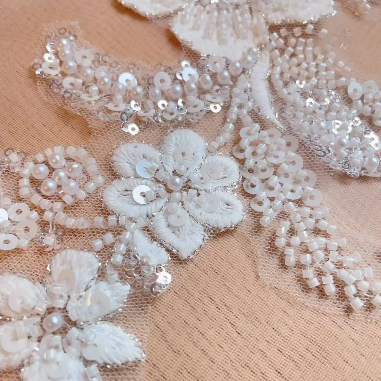Elegant Pearl Embroidered Glitter Floral Lace Decoration