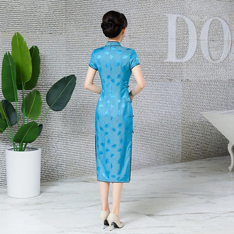 Jacquard Mandarijn Kraag Cheongsam Qipao Jurk Slanke Korte Mouw Chinese Traditionele Jurken Sexy Zijden Vrouwen Formele Feestjurk